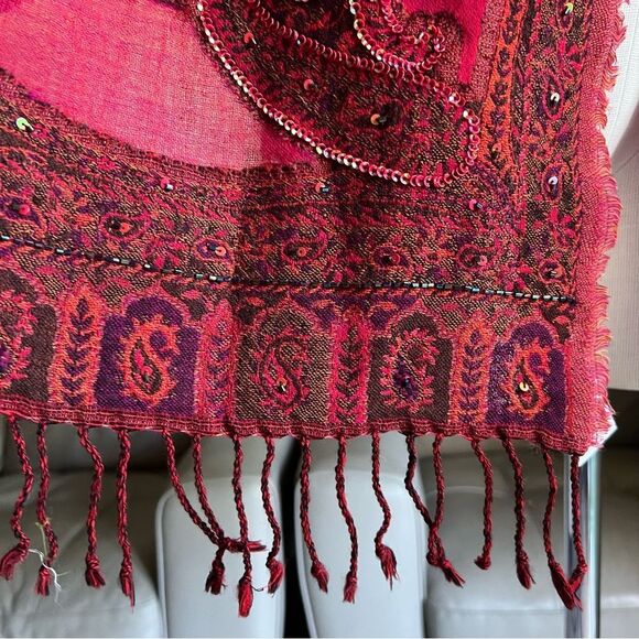 NEW Heirloom Anna Pashmina Shawl Pure Wool Beaded Sequined Embroidered Dark Red - Picture 6 of 16